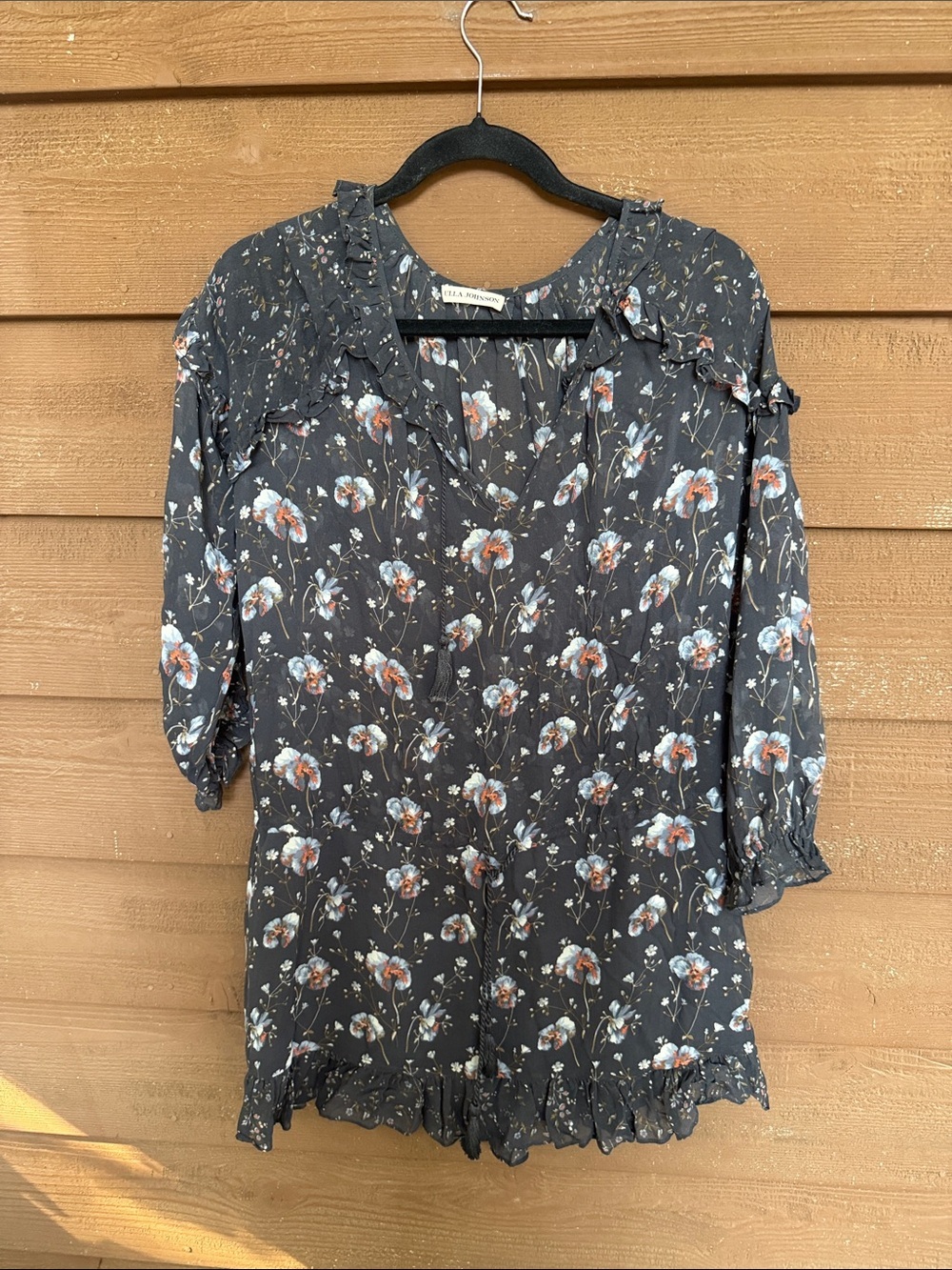 Ulla Johnson Charcoal Gray Floral Mini Dress with Ruffle Trim size 0